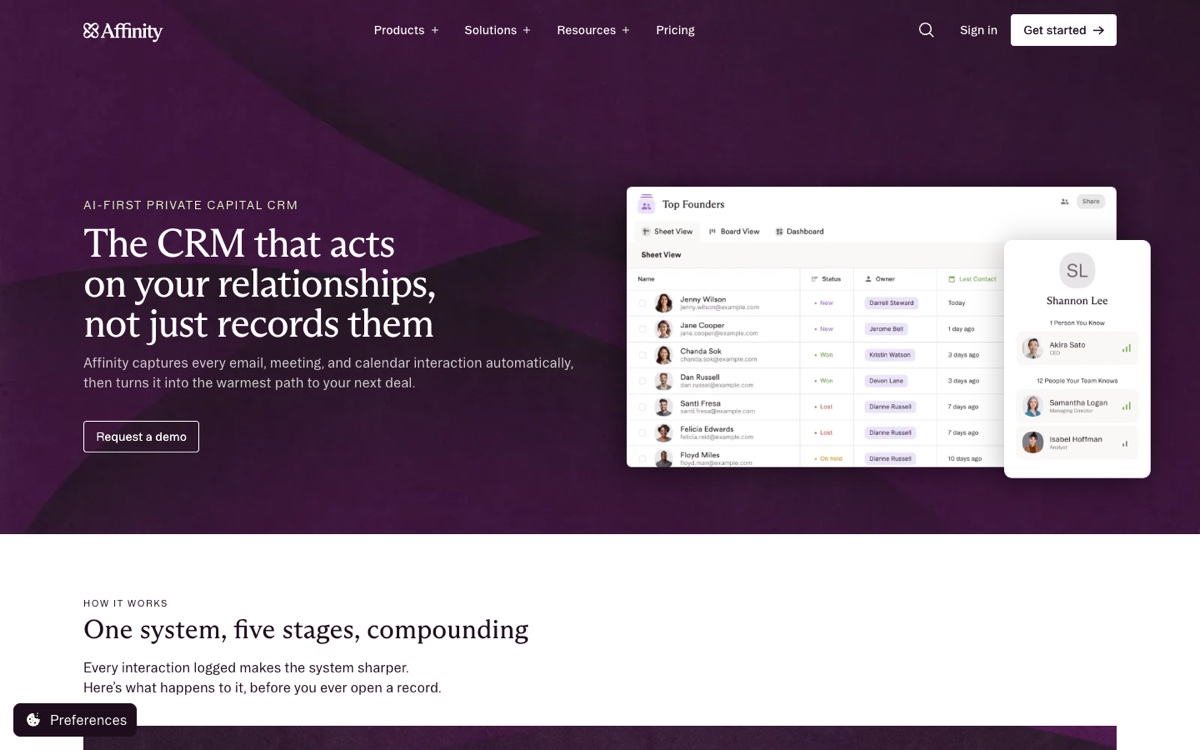 Affinity CRM homepage showing a private capital relationship dashboard and warm-path context