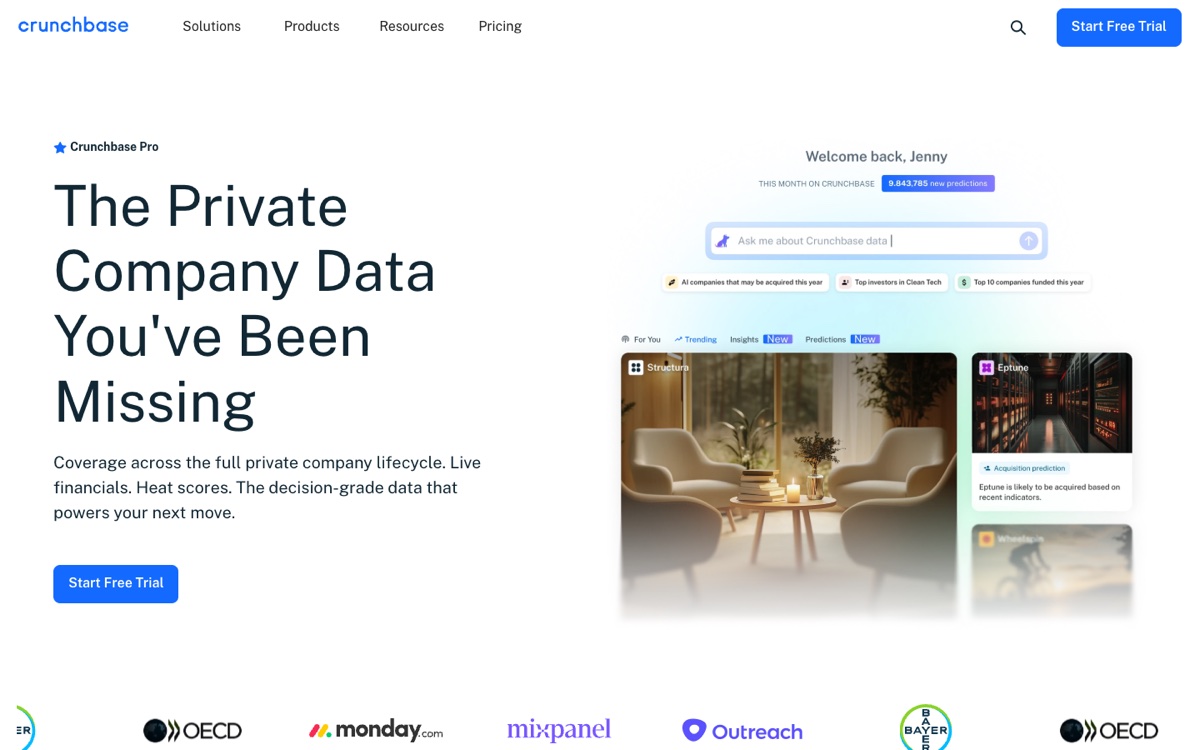Crunchbase Pro homepage showing private company data and AI-assisted research