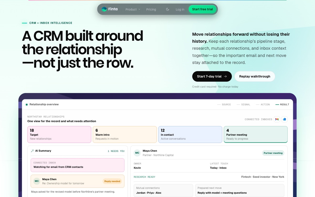 Finta CRM homepage showing relationship context, warm introductions, research, and prepared next actions