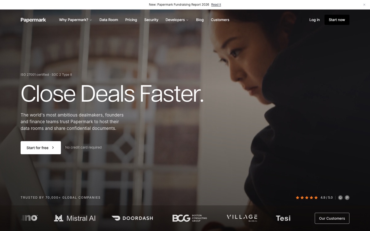 Papermark homepage presenting secure data rooms and document sharing for dealmakers