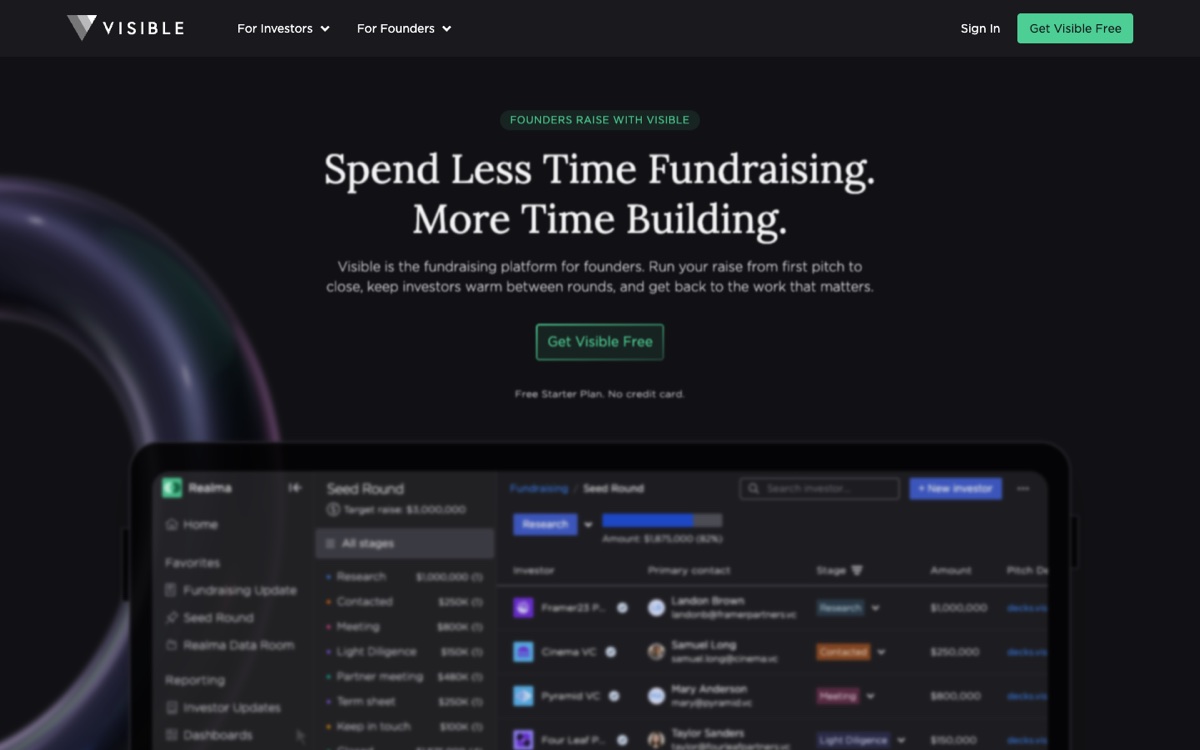 Visible founder fundraising homepage showing an investor pipeline workspace
