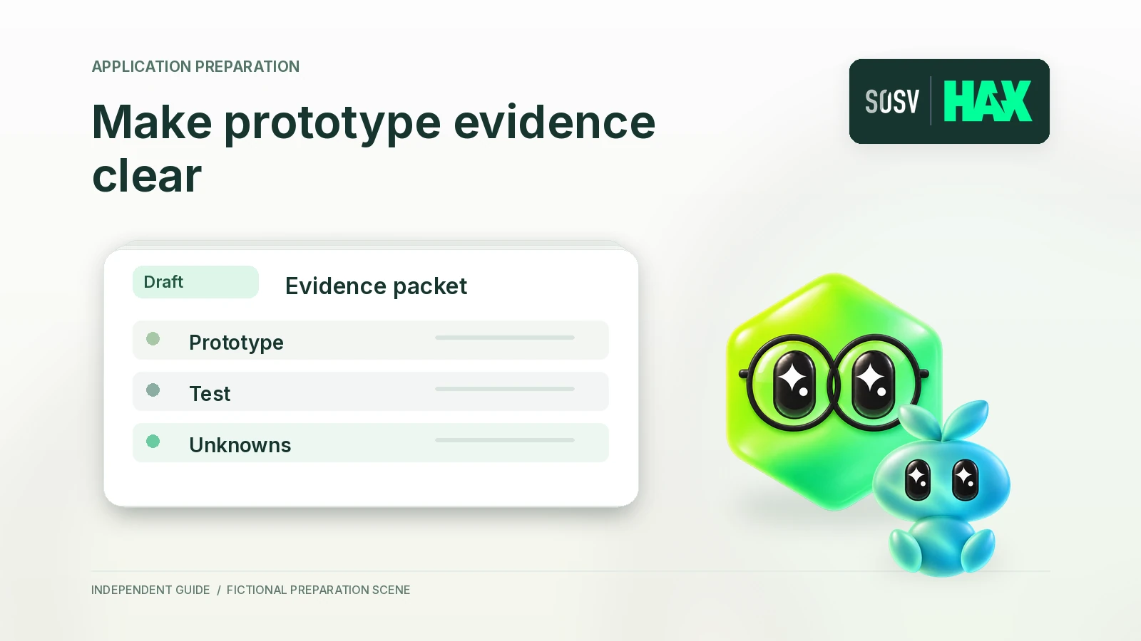 Aurora and Atlas organize a fictional evidence packet showing Prototype, Test and Unknowns.