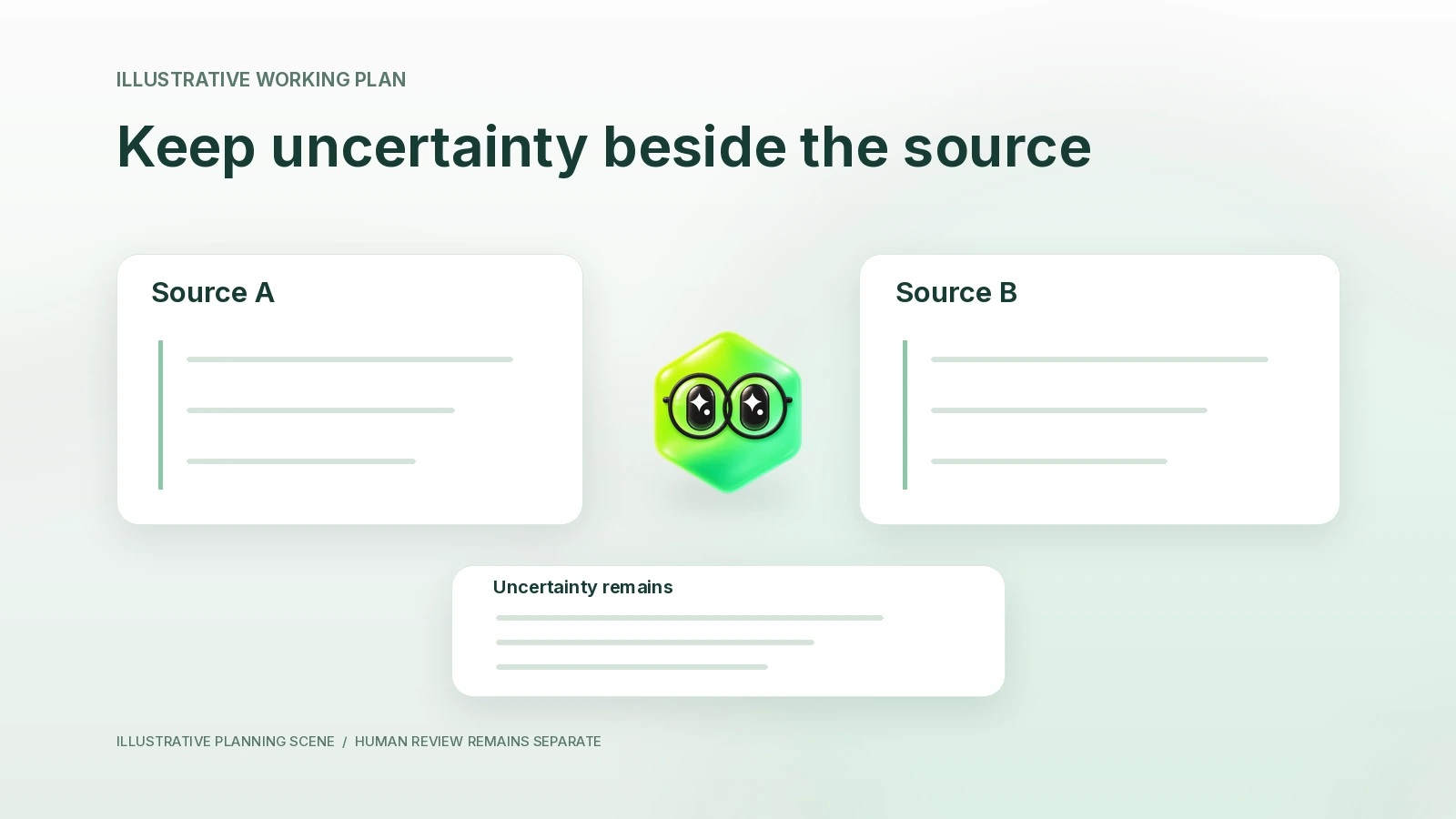 Two contradictory source notes and an uncertainty card inform one corrected brief.