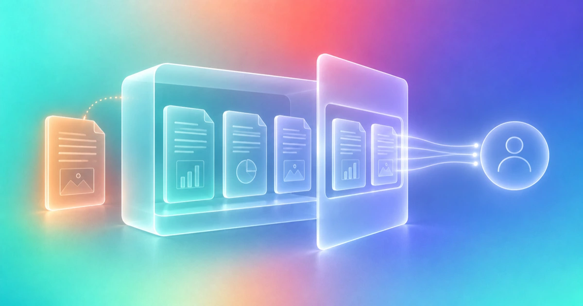 Selected document slabs pass an access screen while an outstanding material remains outside.