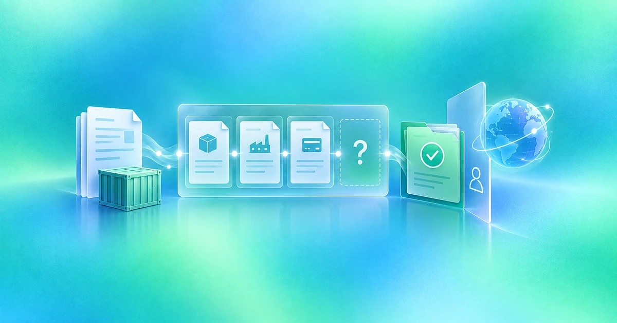 Export contract, customer, production and payment evidence feed a reviewed application pack with an unresolved item.