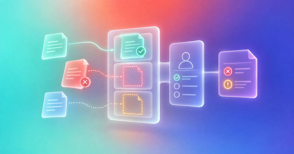 A document request bridge shows one matched file, one offset file and one missing material before review.