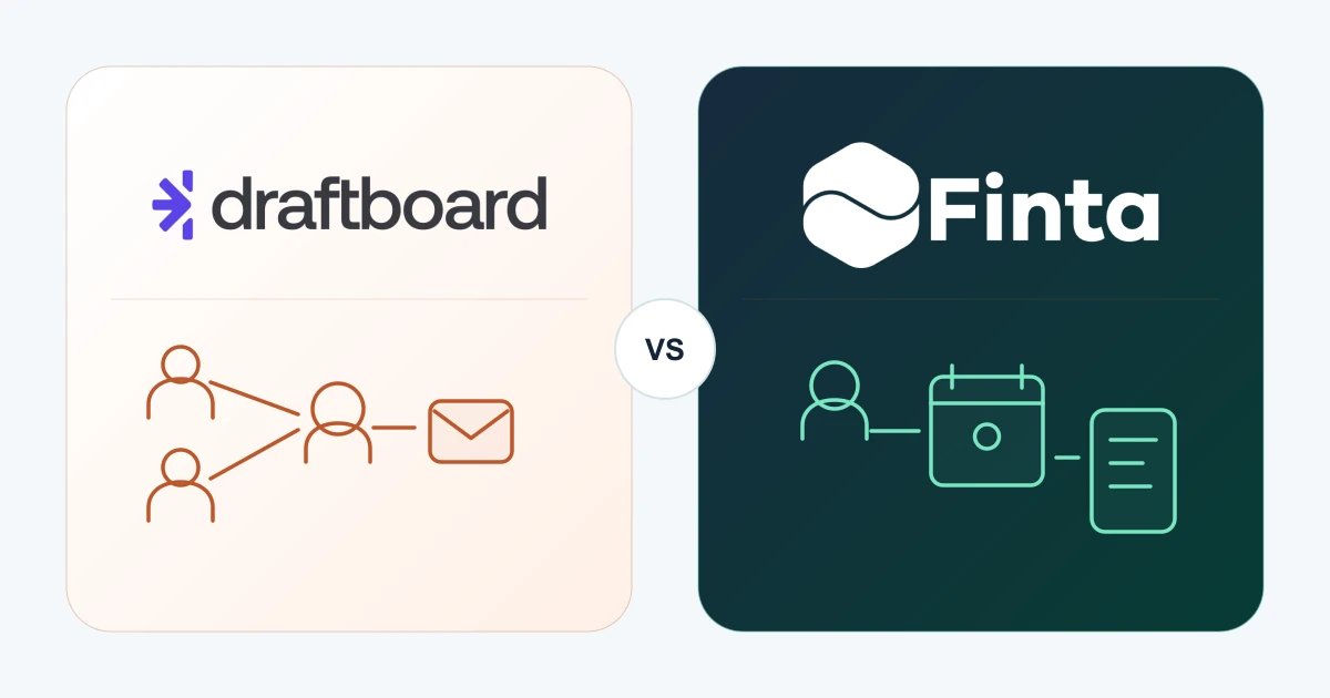 Draftboard and Finta identities separated by a neutral comparison lens, illustrating pooled team networks and a consented connector-to-meeting handoff.