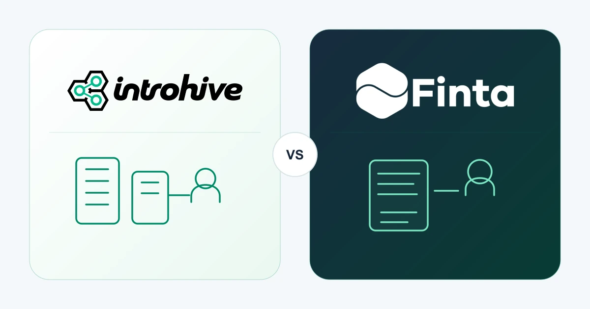 Introhive and Finta identities separated by a neutral comparison lens, illustrating firm-wide relationship capture versus a founder fundraising decision brief.