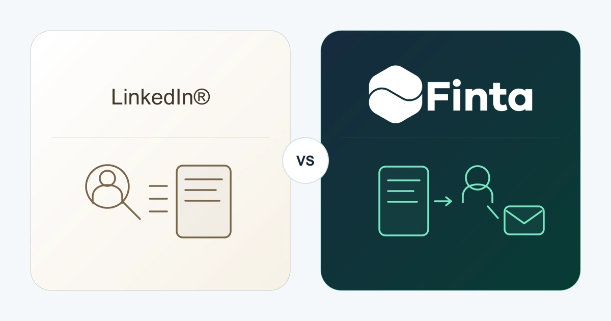 Plain LinkedIn name and Finta identities separated by a neutral comparison lens, illustrating professional prospect discovery and an explicitly reviewed csv-to-fundraising workflow.