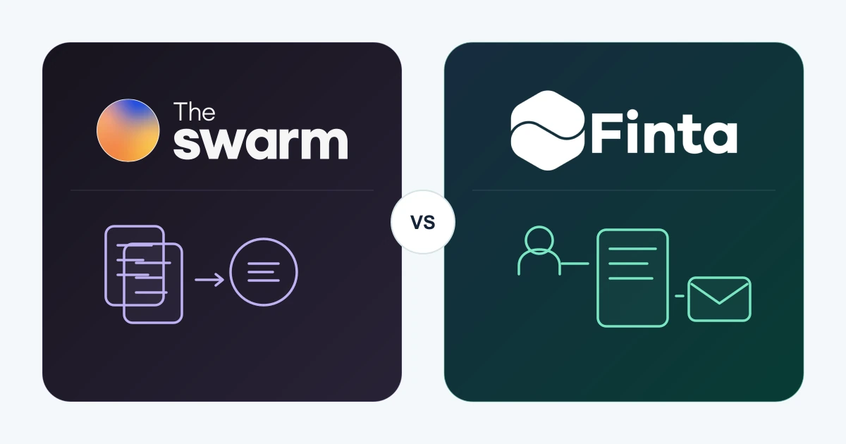 The Swarm and Finta identities separated by a neutral comparison lens, illustrating relationship data supply compared with a working fundraising record.