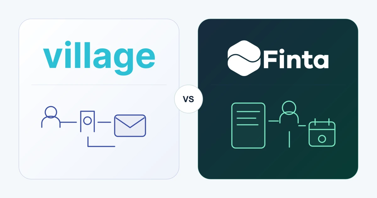 Village and Finta identities separated by a neutral comparison lens, illustrating network discovery and reviewed sequence steps compared with a round-level working record.