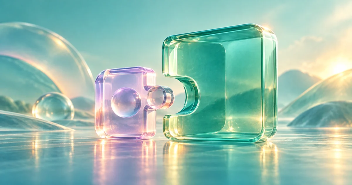 A lilac glass piece approaches the matching opening in a larger emerald form, leaving a visible gap.
