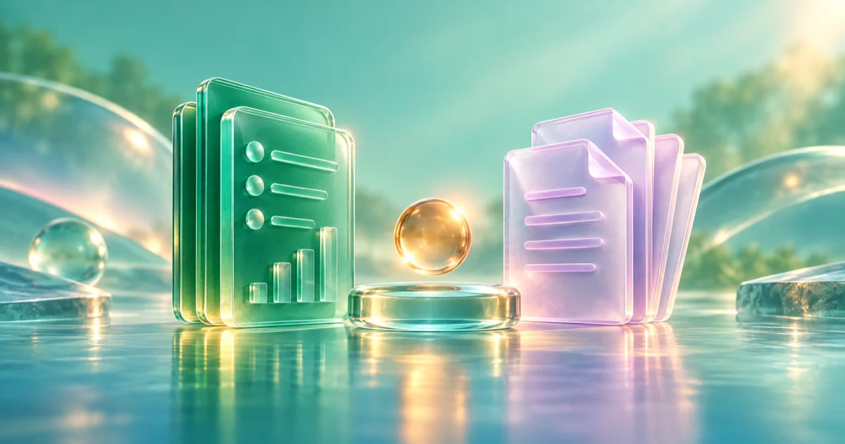 Emerald ledger pages and lilac document pages flank an amber sphere hovering above a shared glass platform.