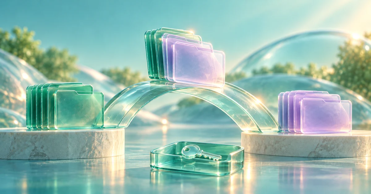 Mint and lilac folders sit on opposite stone ledges joined by a glass arch, with a key returned to a tray in front.