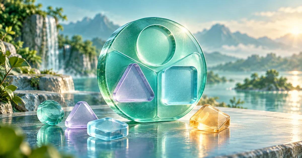 A circular glass organizer holds three different shapes, with matching loose pieces and a separate amber tile on a reflective terrace.