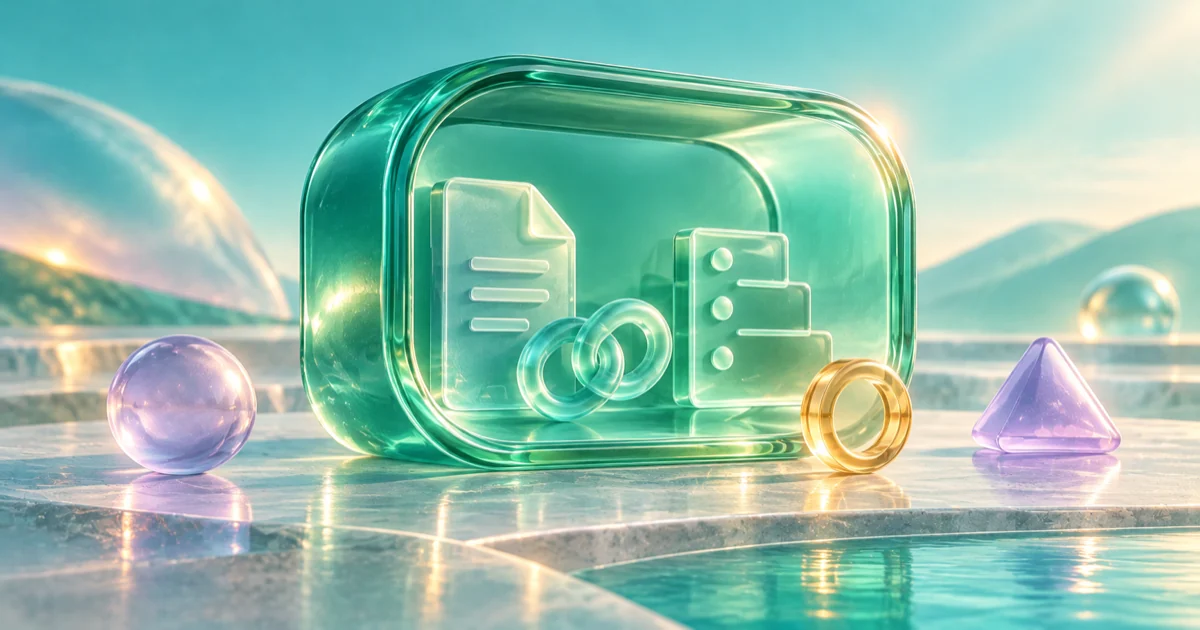 A rounded emerald glass case holds a document, linked rings and stepped blocks, with lilac shapes and an amber ring beside reflective water.