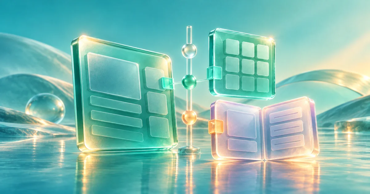 A glass slide, lattice slab and open folio connect through a vertical alignment spine with mint and amber joints.