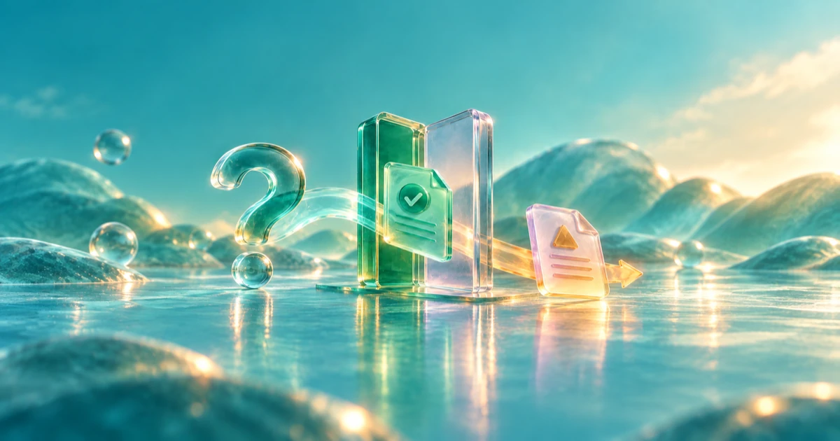 A glass question passes through a review gate containing one document, with a separate substitute document beyond it.