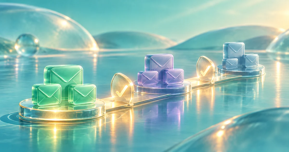 Three groups of glass envelopes sit along a curved route with review markers between them.