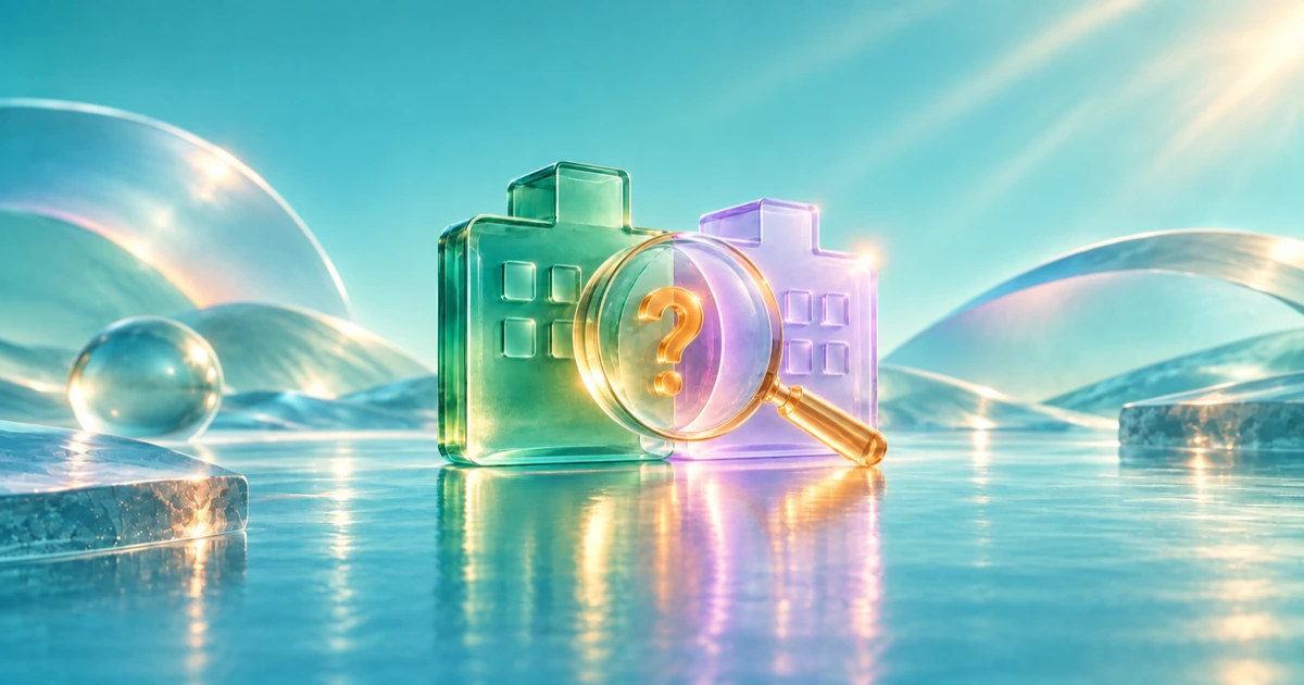 Two overlapping glass buildings sit behind a magnifying lens containing an amber question mark.
