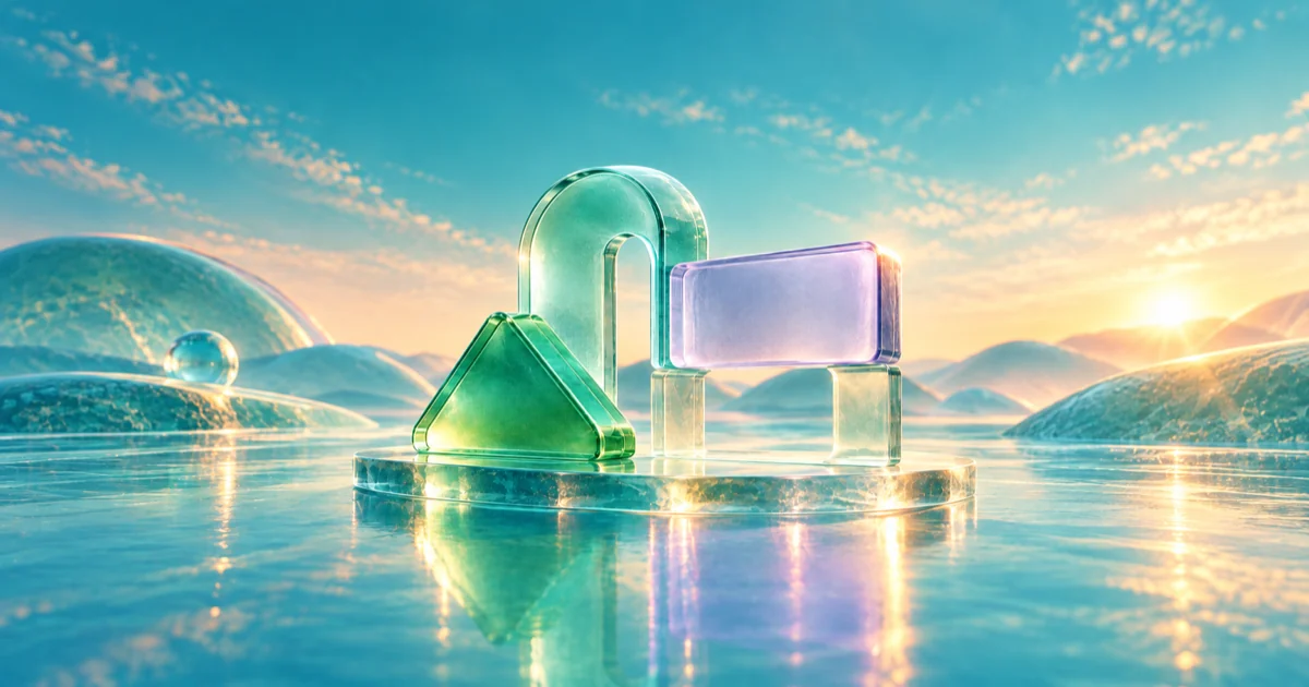 An arch, wedge and rectangular glass form assemble around an unfinished opening on a reflective platform.