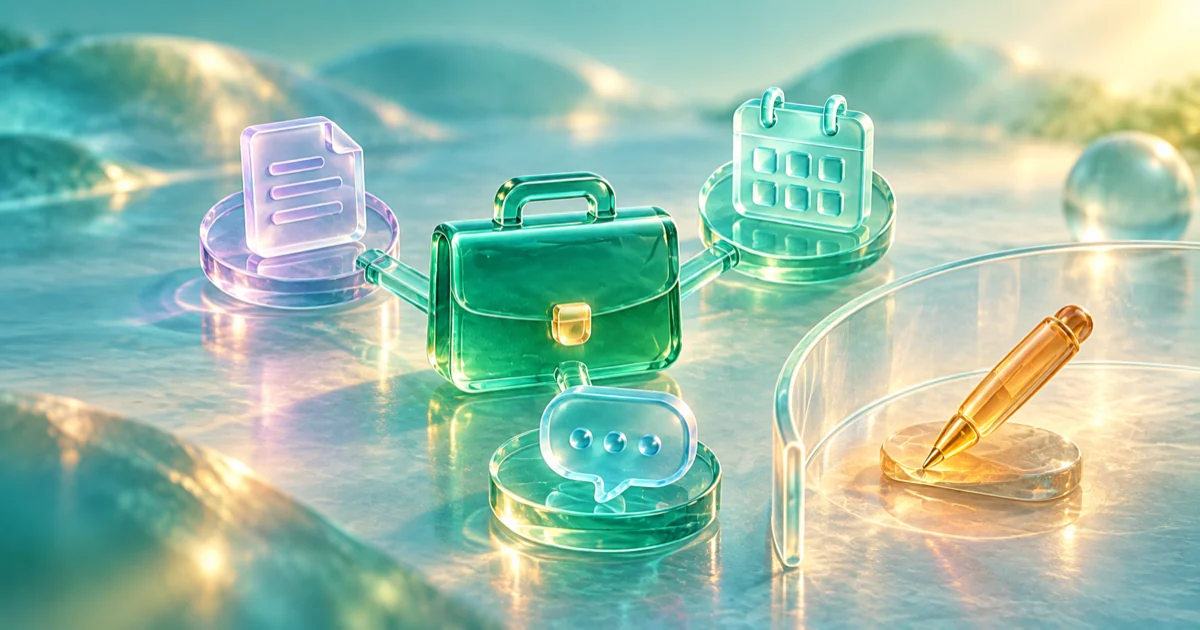 An emerald briefcase connects to a document, calendar and speech bubble, while an amber pen sits beyond a curved glass boundary.