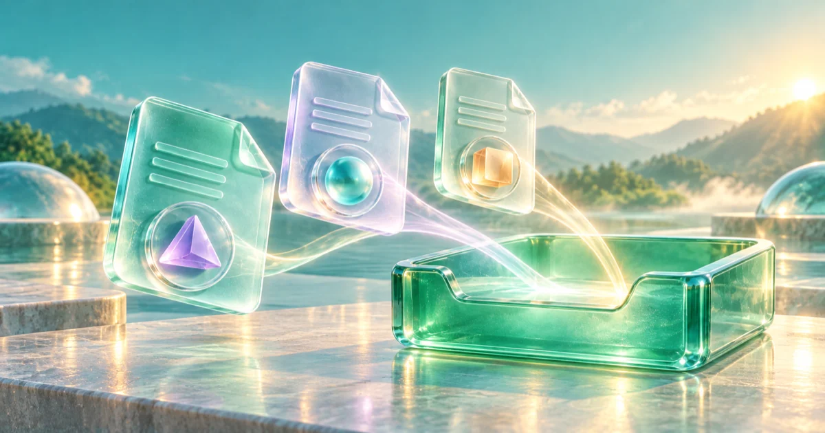 Three glass briefs with different geometric tokens send curved light paths into an emerald intake tray beside a mountain lake.
