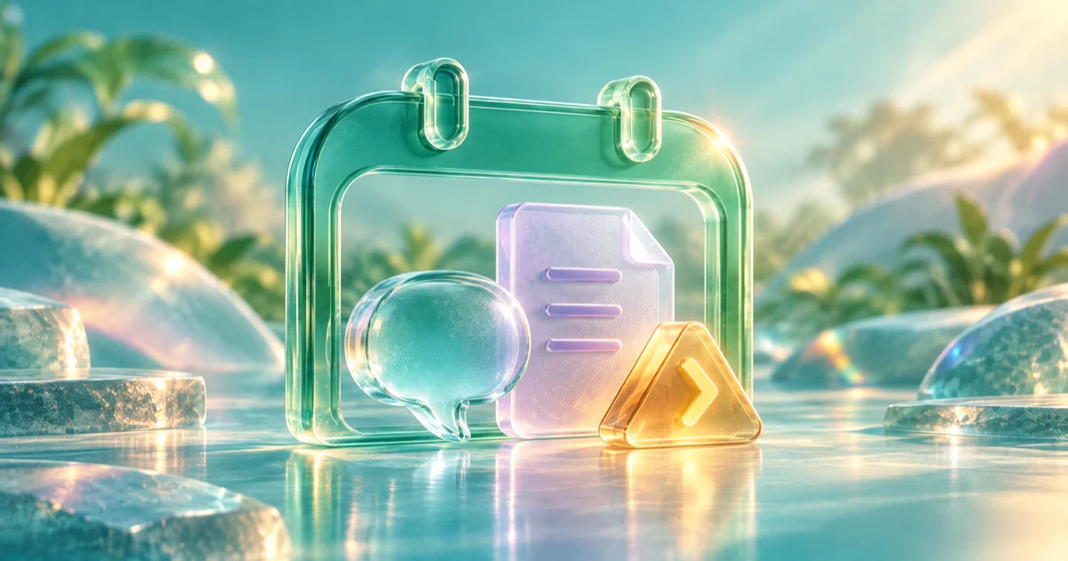 An emerald calendar arch frames a lilac document, an empty speech bubble and an amber next-step tile on a reflective surface.