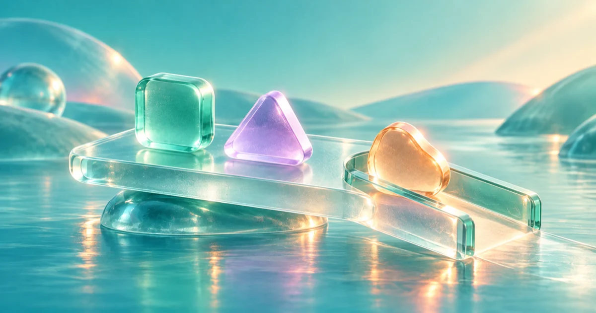 A mint cube, lilac triangle and amber rounded piece rest on a finite glass tray, with the amber piece entering a separate channel.