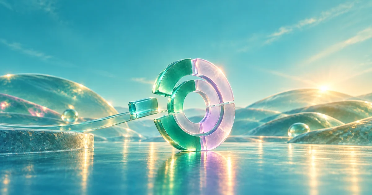 A small rectangular glass contribution block approaches two overlapping segmented rings along a bridge.