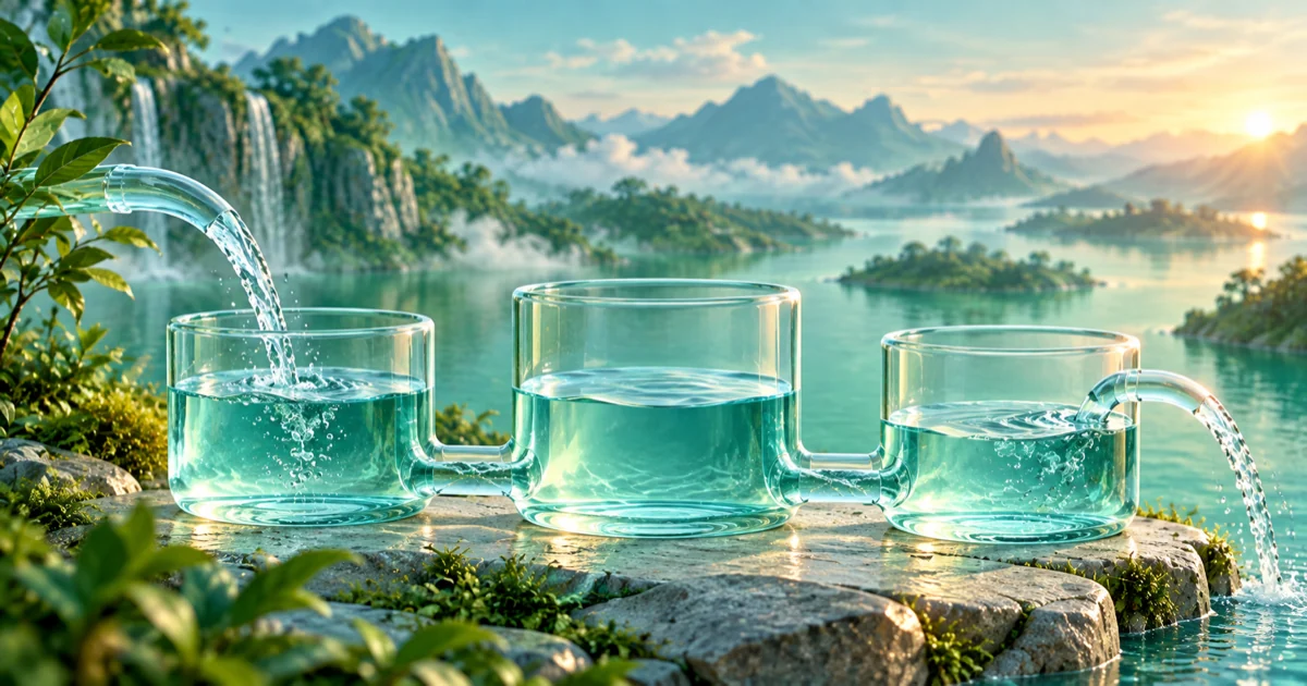Three connected glass reservoirs carry water across a stone terrace, with separate inlet and outlet streams.