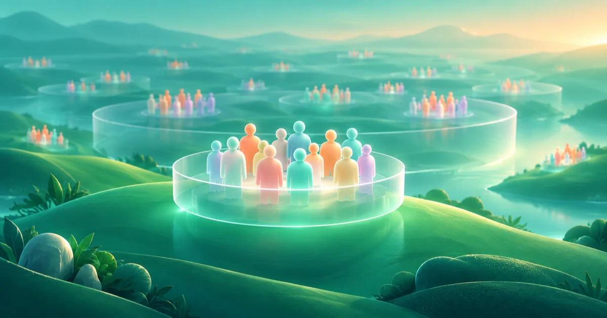 Small customer groups assemble into nested translucent market layers.
