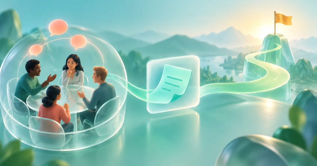 A meeting conversation resolves into a clear recap and next-step card.