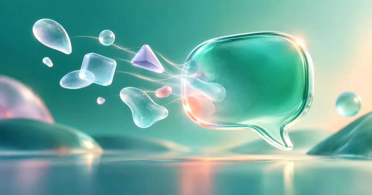 Scattered glass idea fragments resolve into one clear speech bubble.
