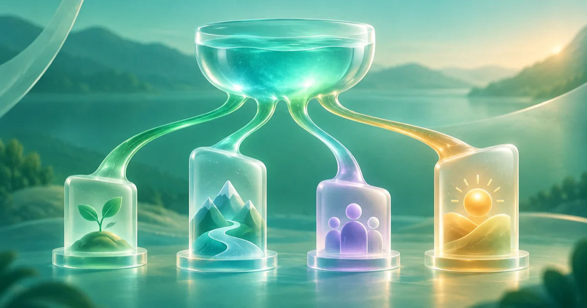 A luminous resource pool divides into distinct operating milestone blocks.