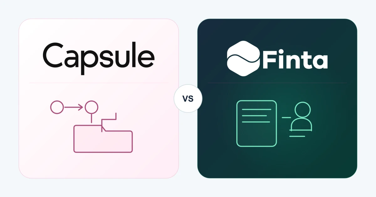 Capsule and Finta identities above a sales-to-project handoff and a relationship preparation brief, with a neutral VS lens.