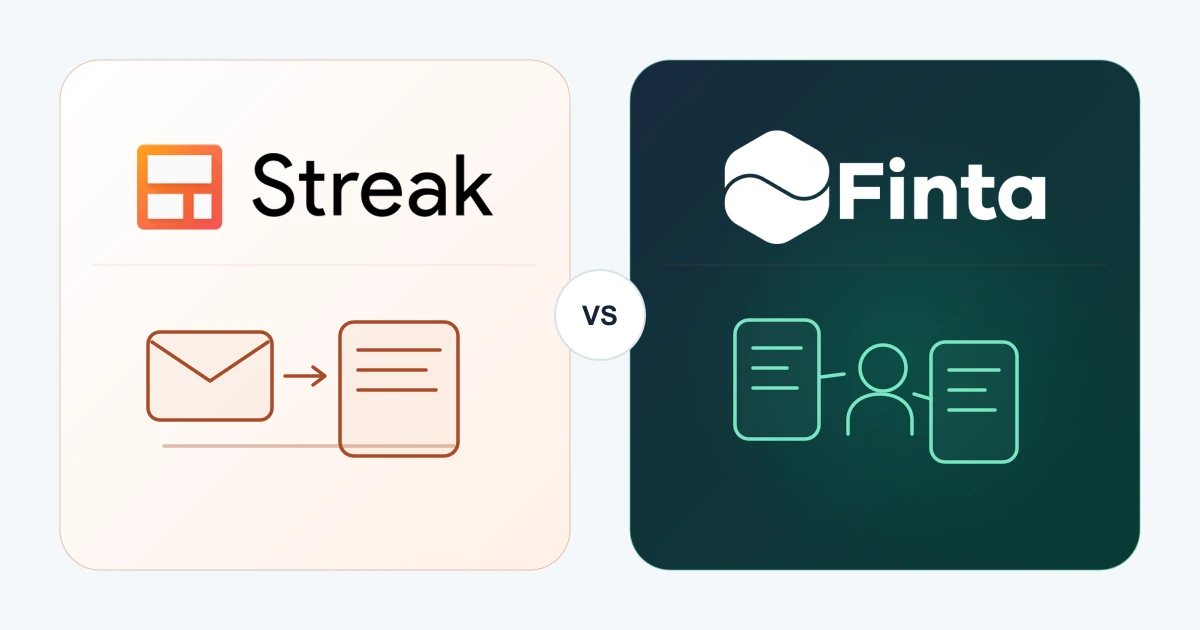 Streak and Finta identities above an inbox pipeline and a source-linked relationship brief, separated by a neutral comparison boundary.