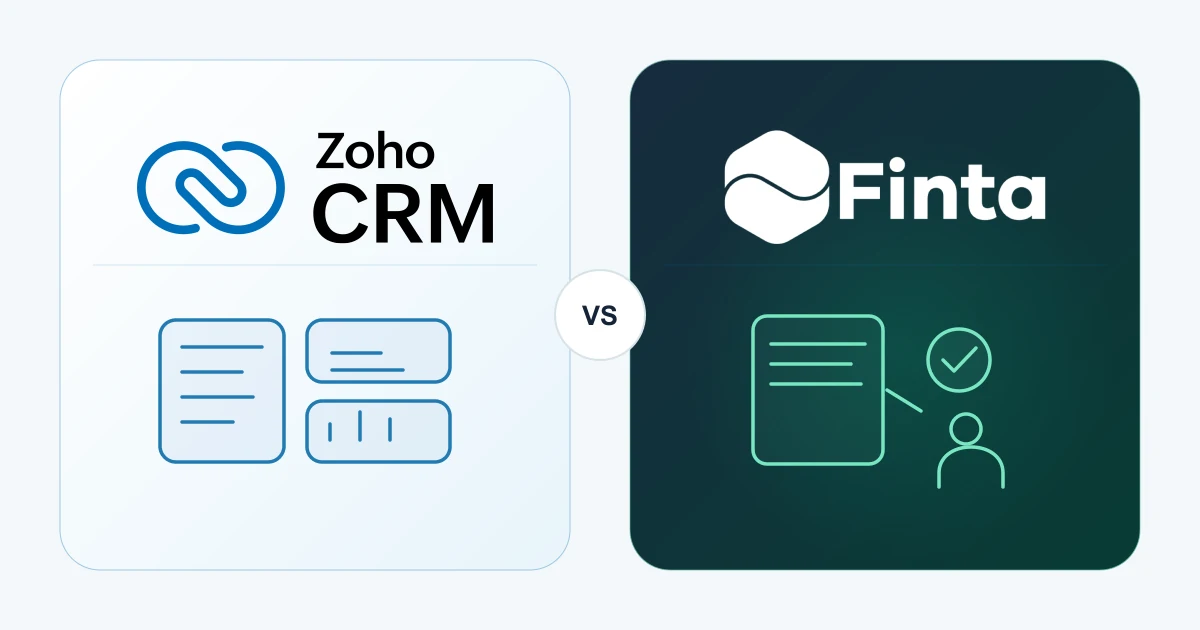 Zoho CRM and Finta identities above modular sales tools and a reviewed preparation brief for comparing the team’s working process.