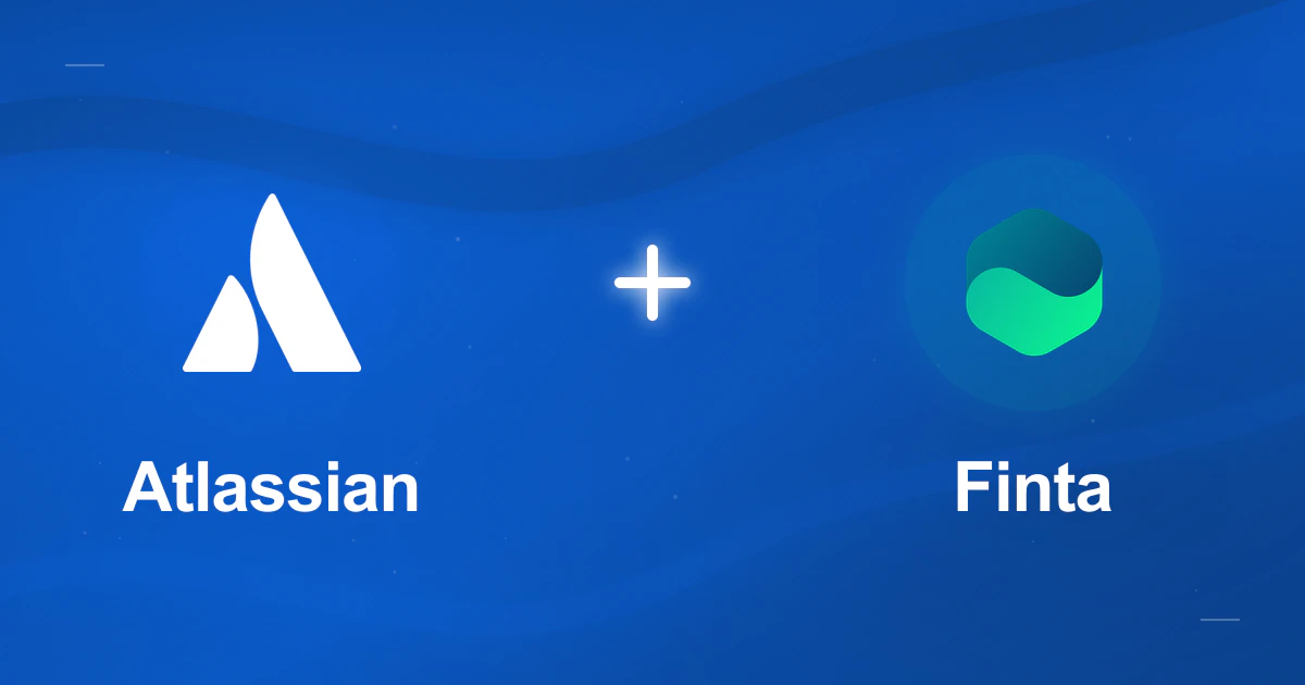 The Atlassian mark connected to the Finta mark in a co-branded gradient illustration.