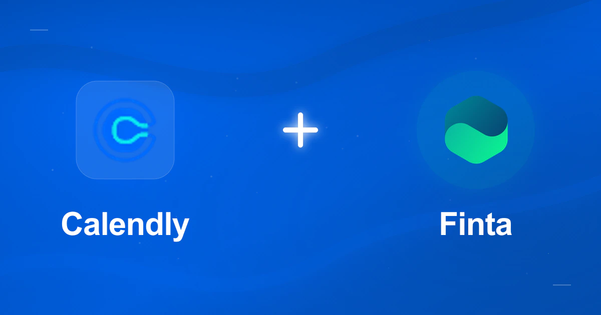 The Calendly mark connected to the Finta mark in a co-branded gradient illustration.