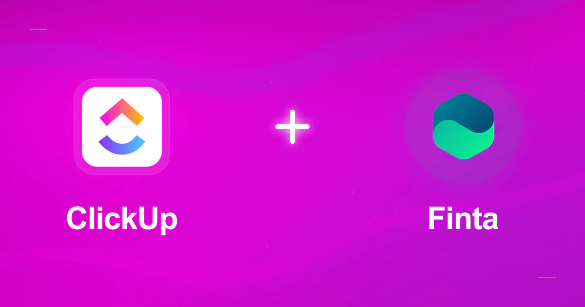 The ClickUp mark connected to the Finta mark in a co-branded gradient illustration.