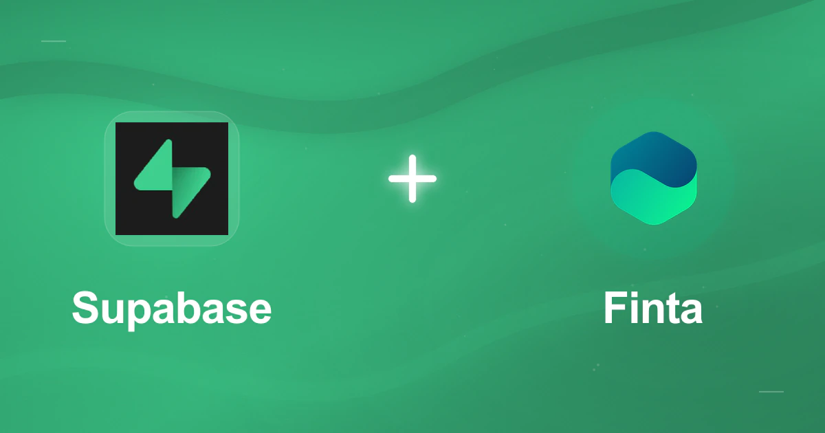The Supabase mark connected to the Finta mark in a co-branded gradient illustration.