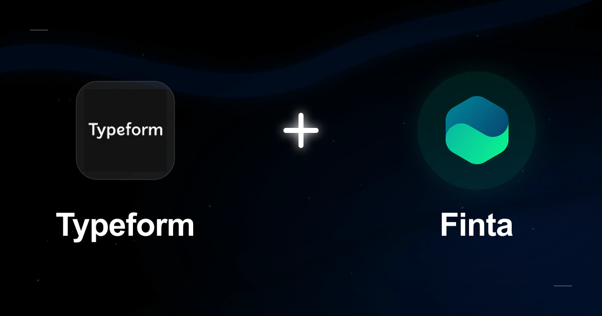 The Typeform mark connected to the Finta mark in a co-branded gradient illustration.