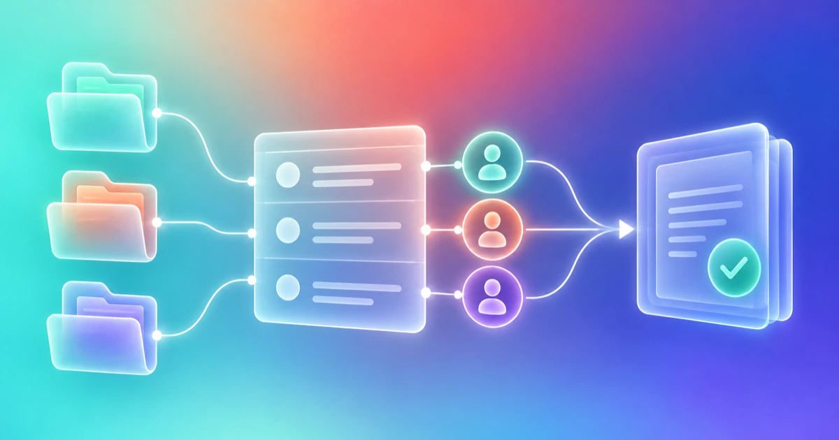 Three source streams connect to assigned reviewers before an approved answer handoff.